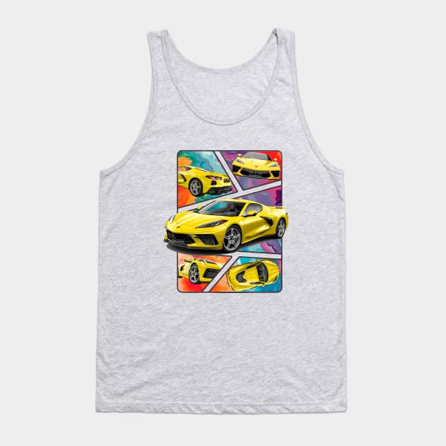Multiple Angles of the Accelerate Yellow C8 Corvette Presented In A Bold Vibrant Panel Art Display Supercar Sports Car Racecar Accelerate Yellow Corvette C8 Tank Top by Tees 4 Thee